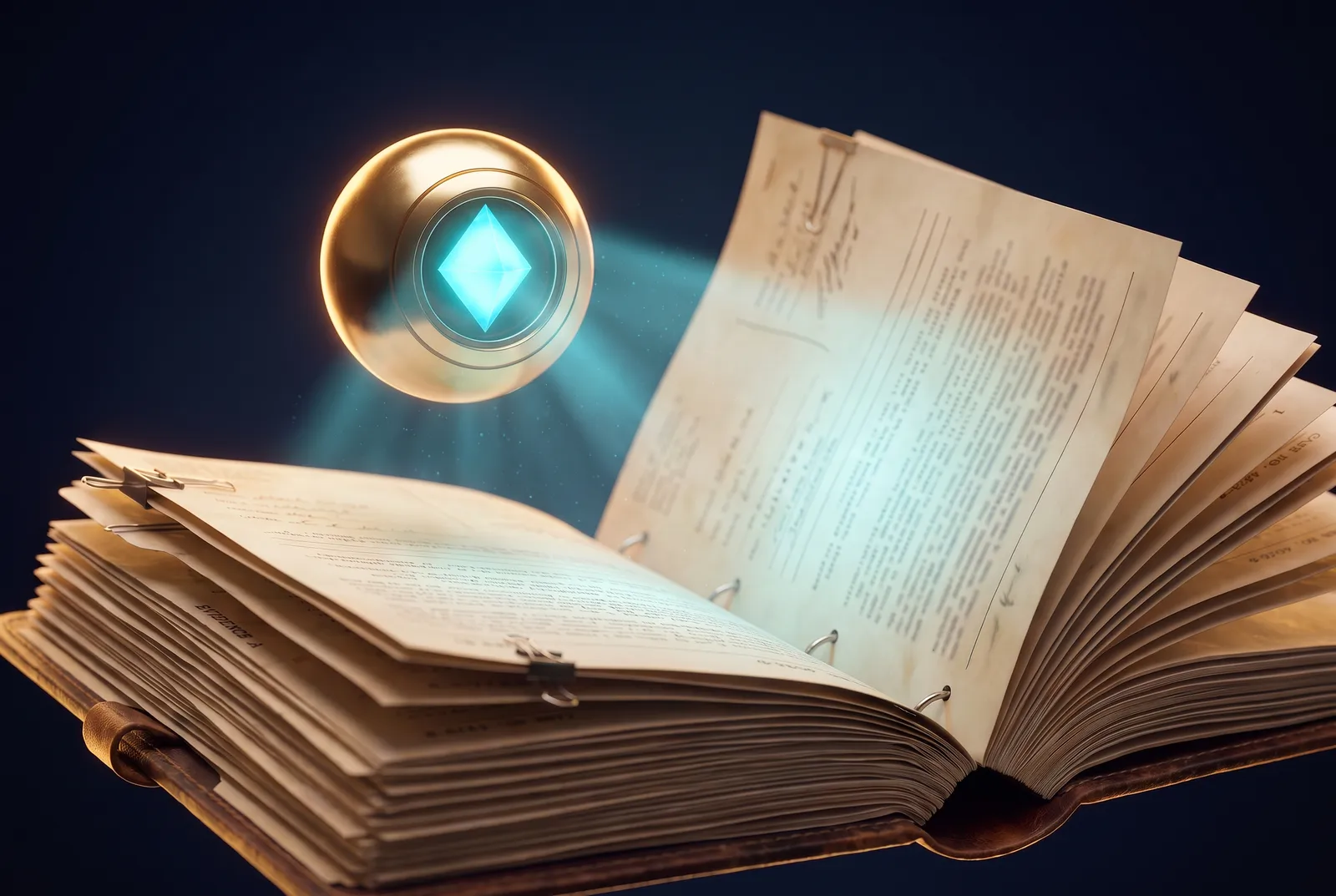 Esfera dourada do Oráculo lendo, com um feixe de luz, as páginas de um processo aberto
